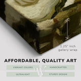 Corner shot of a Whelhung easy to hang canvas print showing the 1.25" inch gallery wrap thickness and graphic saying "Affordable, Quality Art", "Vibrant Colors", "Handcrafted", "Ultralight" and "Sturdy Design."