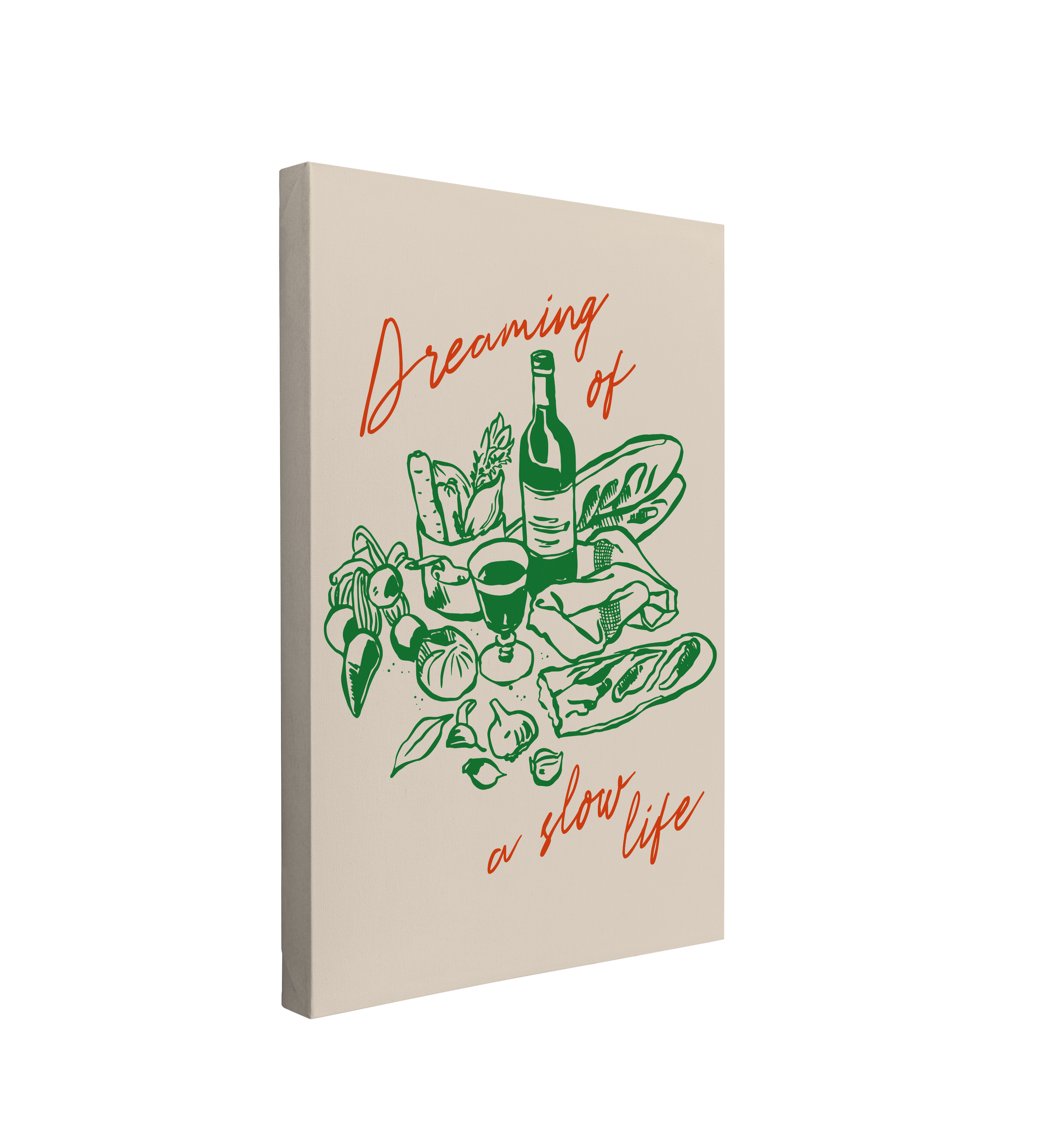 Single 2:3 ratio, vertical easy to hang canvas prints on a transparent background featuring a green graphic of a picnic spread of french food like baguettes, wine and vegetables on a white background with red cursive font around the graphic, "Dreaming of a slow life"