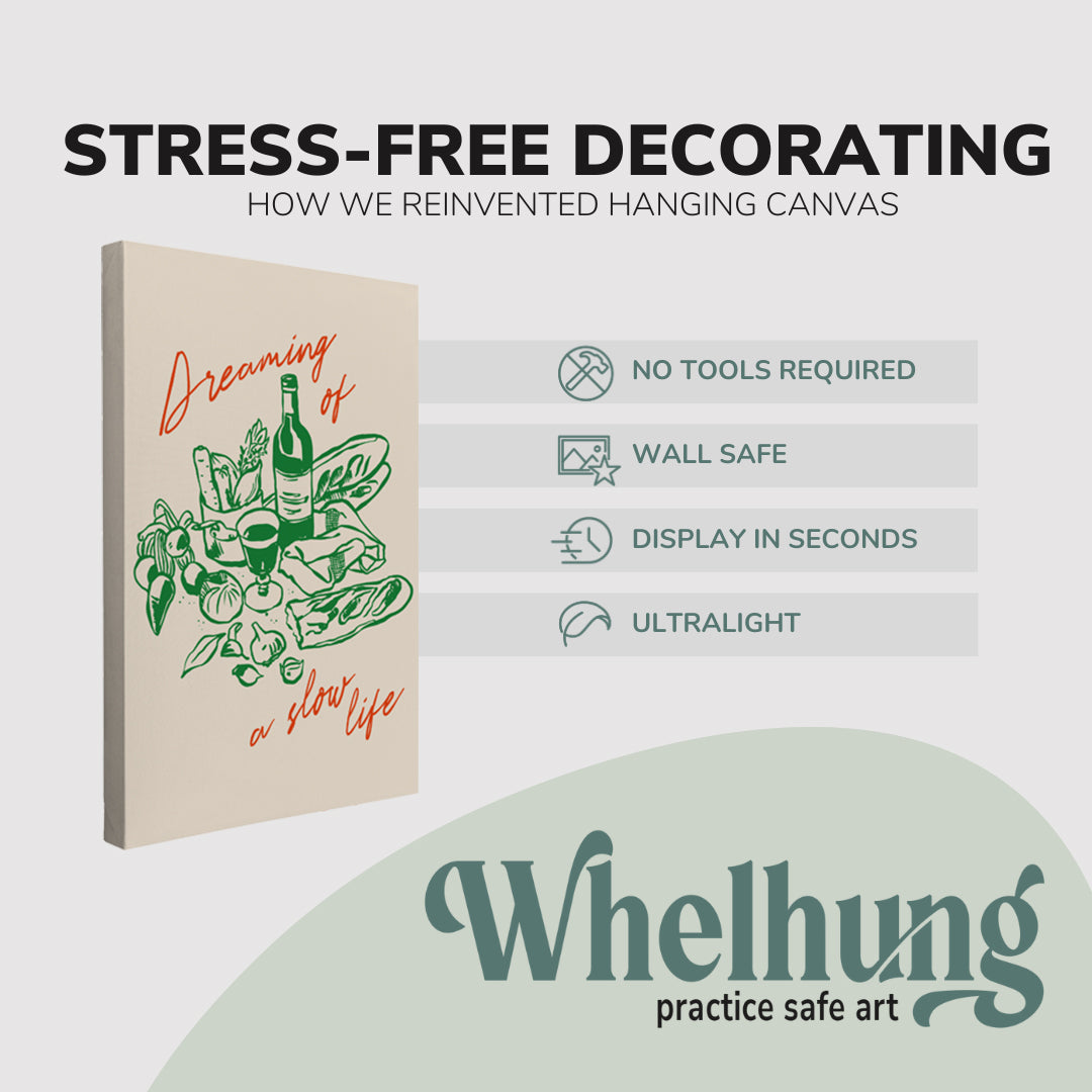 Single 2:3 ratio, vertical easy to hang canvas prints on a graphic displaying the stress-free decorating Whelhung offers, how we reinvented hanging canvas: "no tools required", "wall safe", "display in seconds" and "ultralight." 