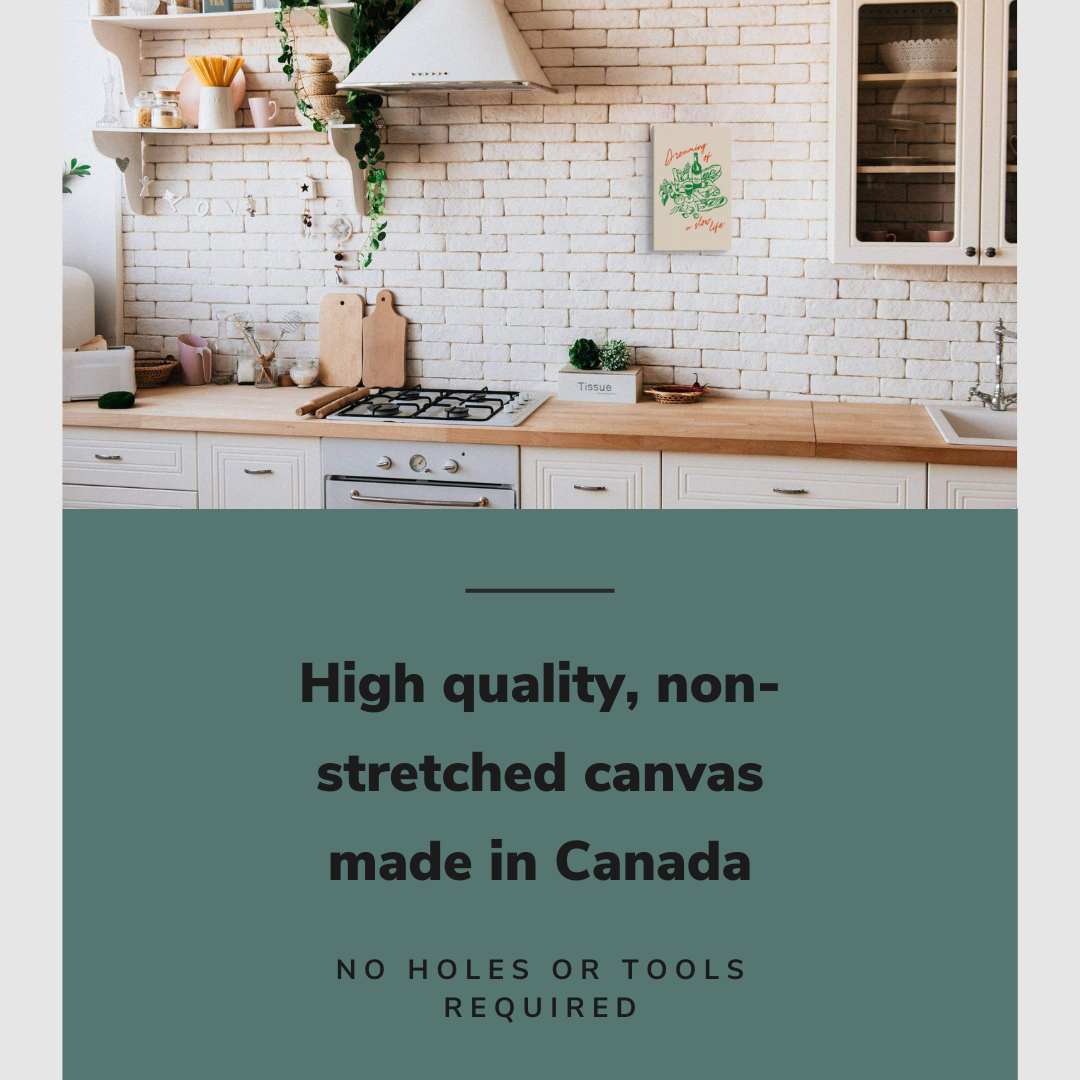 Lifestyle image of the vertical 12x18" inch easy to hang canvas wall art hung on the backsplash of a chic kitchen with graphic saying "High quality, non-stretched canvas made in Canada"