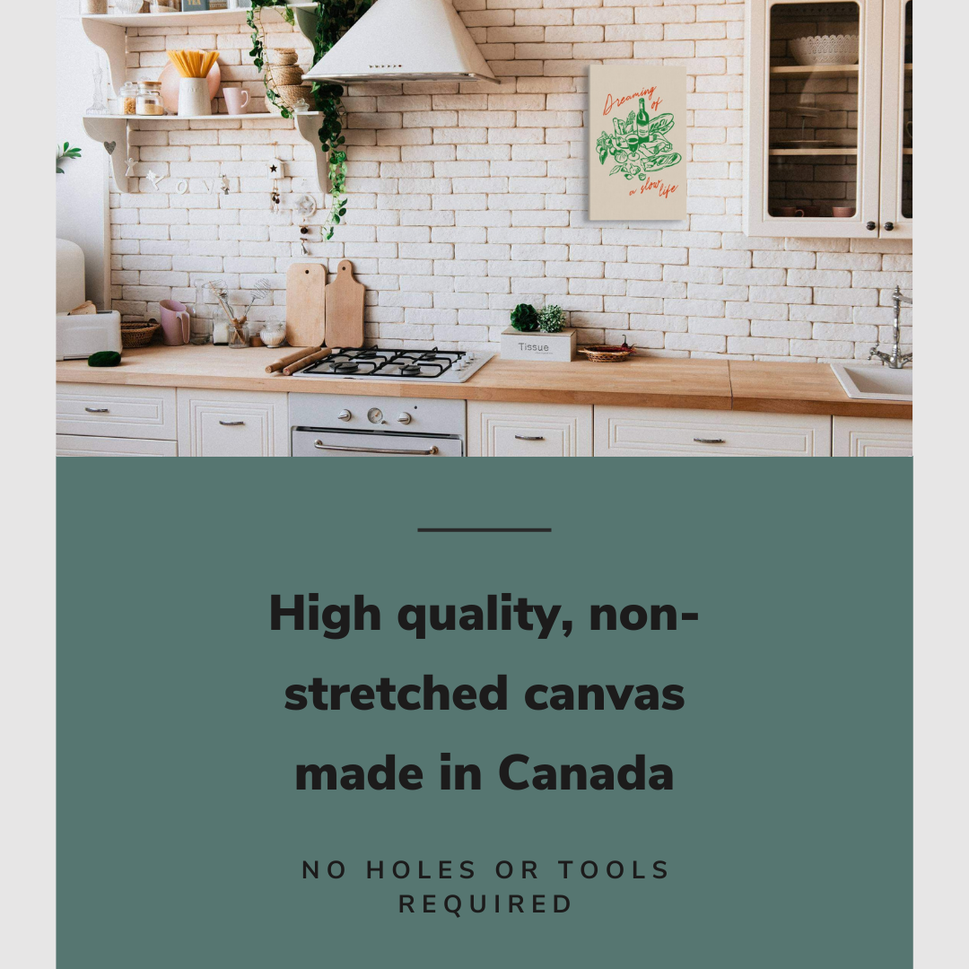 Lifestyle image of the vertical 16x24" inch easy to hang canvas wall art hung on the backsplash of a chic kitchen with graphic saying "High quality, non-stretched canvas made in Canada"