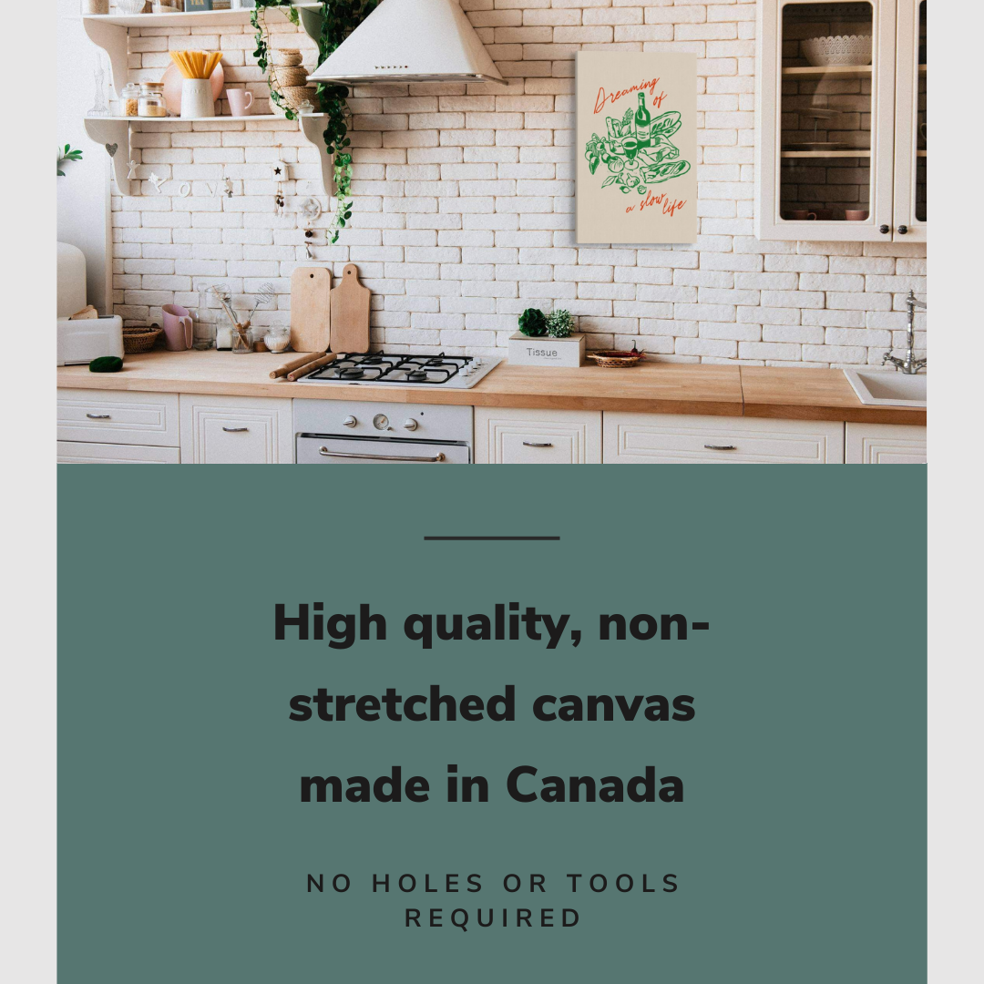 Lifestyle image of the vertical 20x30" inch easy to hang canvas wall art hung on the backsplash of a chic kitchen with graphic saying "High quality, non-stretched canvas made in Canada"