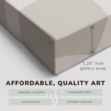 Corner shot of a Whelhung easy to hang canvas print showing the 1.25” inch gallery wrap thickness and graphic saying "Affordable, Quality Art", "Vibrant Colors", "Handcrafted", "Ultralight" and "Sturdy Design."