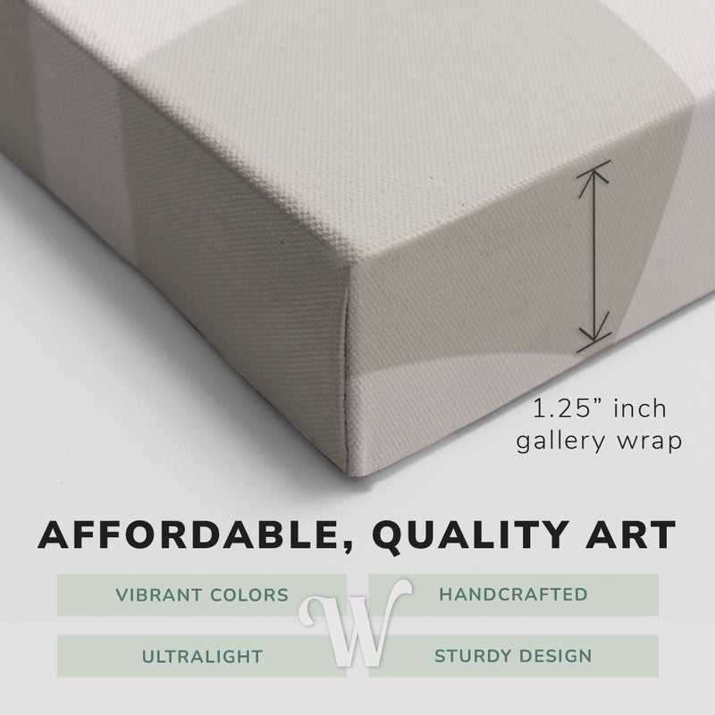 Corner shot of a Whelhung easy to hang canvas print showing the 1.25” inch gallery wrap thickness and graphic saying "Affordable, Quality Art", "Vibrant Colors", "Handcrafted", "Ultralight" and "Sturdy Design."