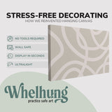 Single, 2:3 horizontal easy to hang canvas print on a graphic displaying the stress-free decorating Whelhung offers, how we reinvented hanging canvas: "no tools required", "wall safe", "display in seconds" and "ultralight."