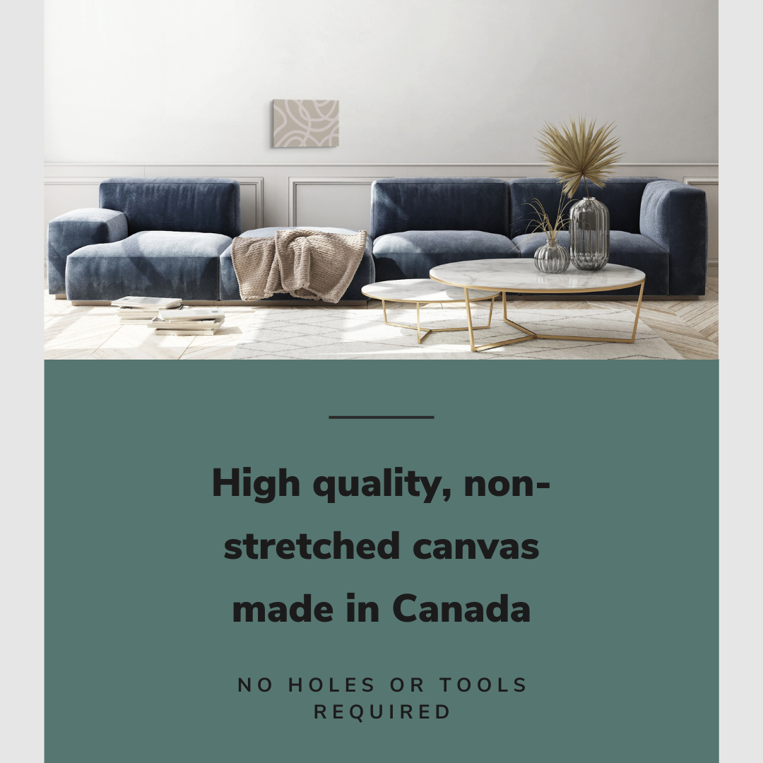 Lifestyle image of the horizontal 12x18” inch easy to hang canvas wall art hung in a living room above a couch with graphic saying "High quality, non-stretched canvas made in Canada."