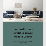 Lifestyle image of the horizontal, 20x30” inch easy to hang canvas wall art hung in a living room above a couch with graphic saying "High quality, non-stretched canvas made in Canada"