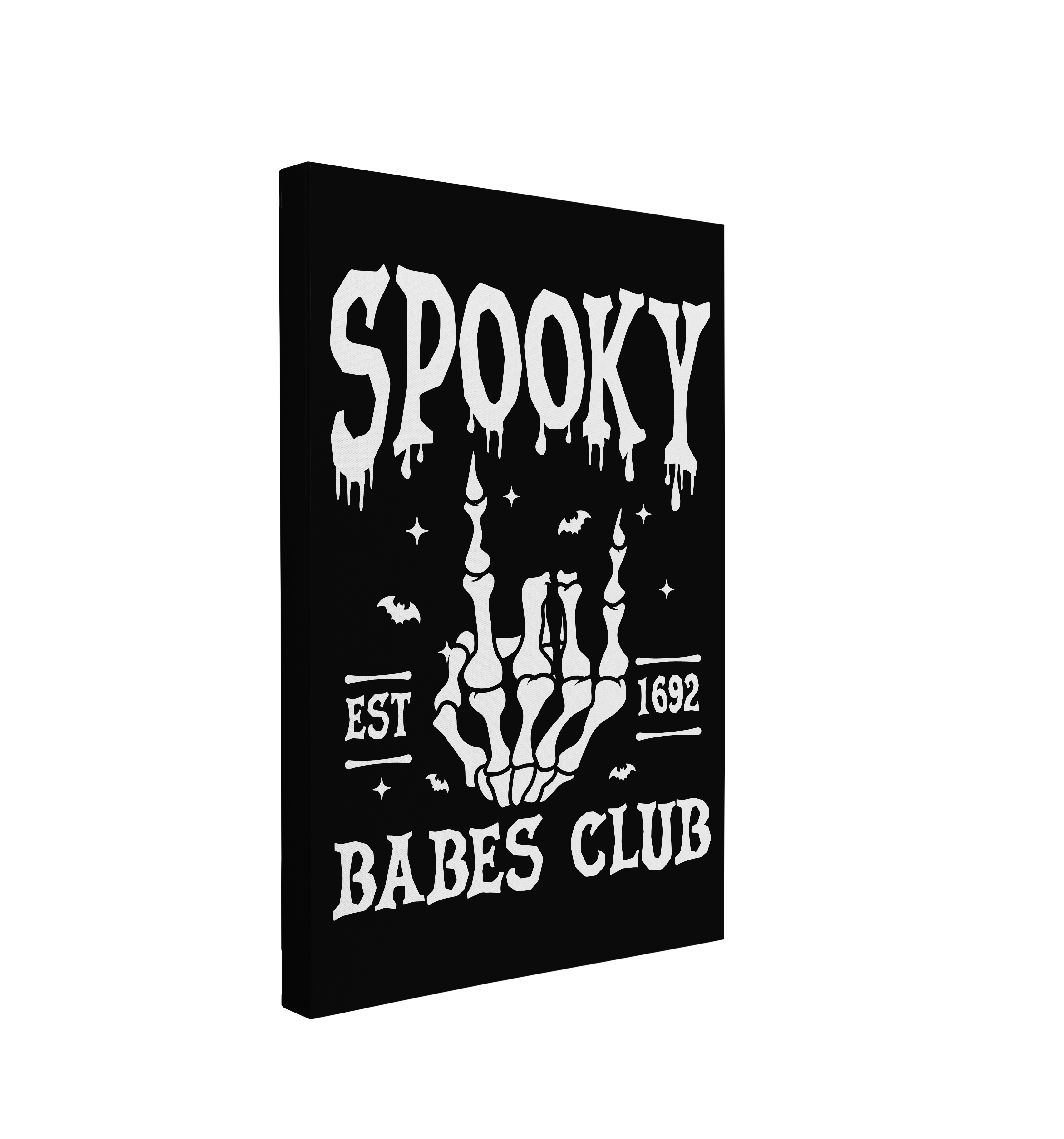 Single, 2:3 vertical easy to hang canvas print on a transparent background featuring an image of black and white skeleton hand doing the "Rock on" hand jesture with white words, "Spooky Babes Club, est 1692" on a black background