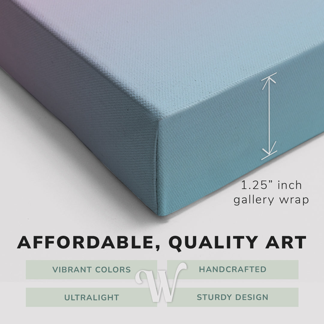 Corner shot of a Whelhung easy to hang canvas print showing the 1.25" inch gallery wrap thickness and graphic saying "Affordable, Quality Art", "Vibrant Colors", "Handcrafted", "Ultralight" and "Sturdy Design."