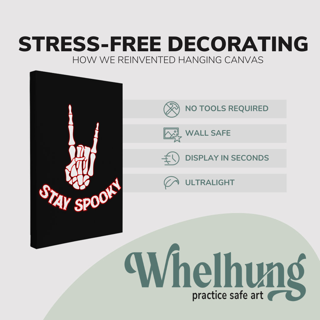 Single, 2:3 vertical easy to hang canvas print on a graphic displaying the stress-free decorating Whelhung offers, how we reinvented hanging canvas: "no tools required", "wall safe", "display in seconds" and "ultralight."