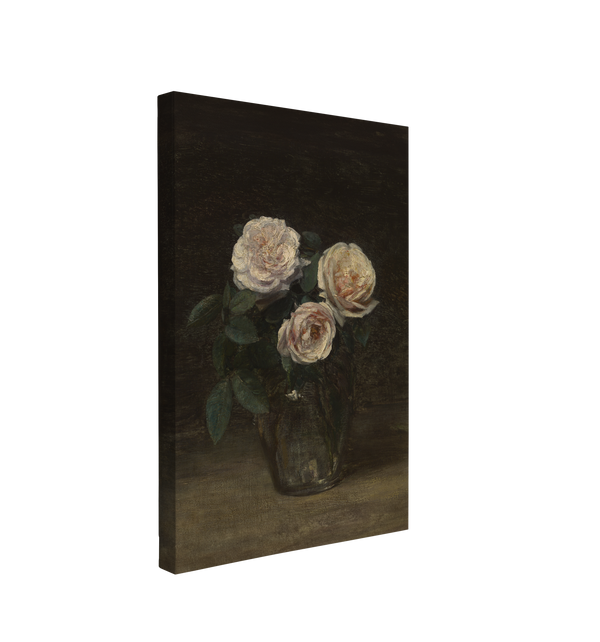 single, 2:3 vertical easy to hang canvas print on a transparent background featuring an image of a dark painted bouquet of roses in a vase on a surface and black background