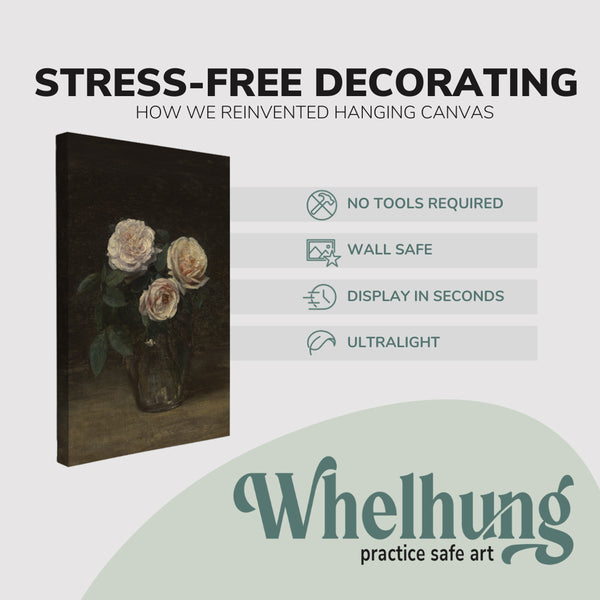 single, 2:3 vertical easy to hang canvas print on a graphic displaying the stress-free decorating Whelhung offers, how we reinvented hanging canvas: "no tools required", "wall safe"", "display in seconds" and "ultralight."