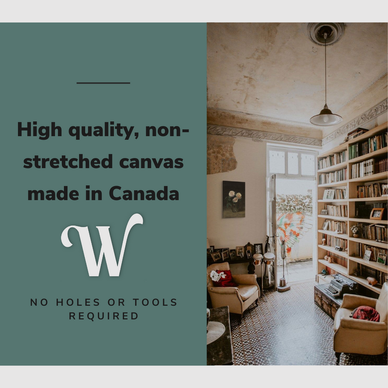 Lifestyle image of the vertical, 12x18 inch easy to hang canvas wall art hung in an office and library hung above a reading chair across from some bookshelves with graphic saying "High quality, non-stretched canvas made in Canada"