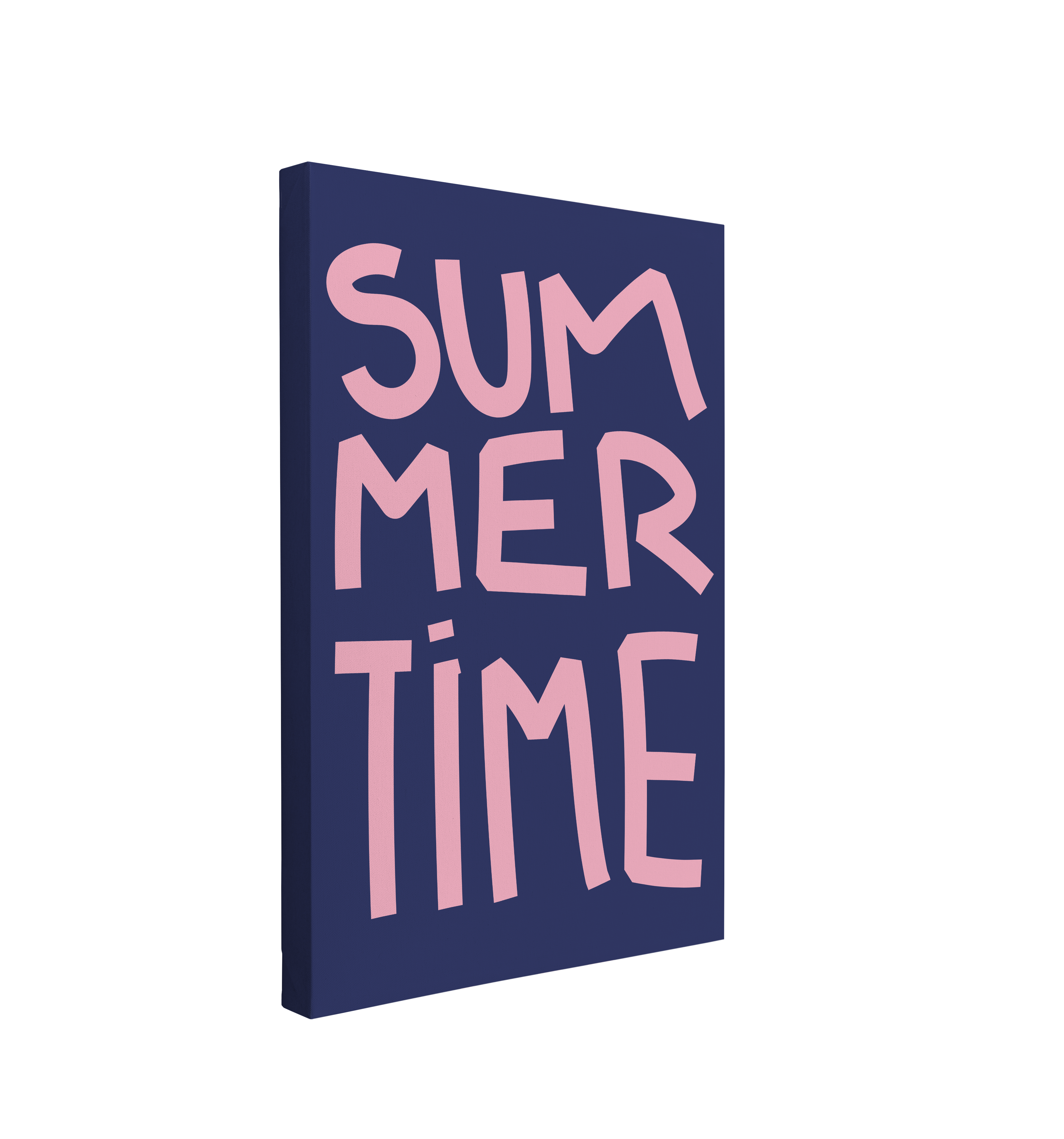 Single, 2:3 vertical easy to hang canvas prints on a transparent background featuring an image of the words "Summer Time" in a large, light purple font on a navy blue background