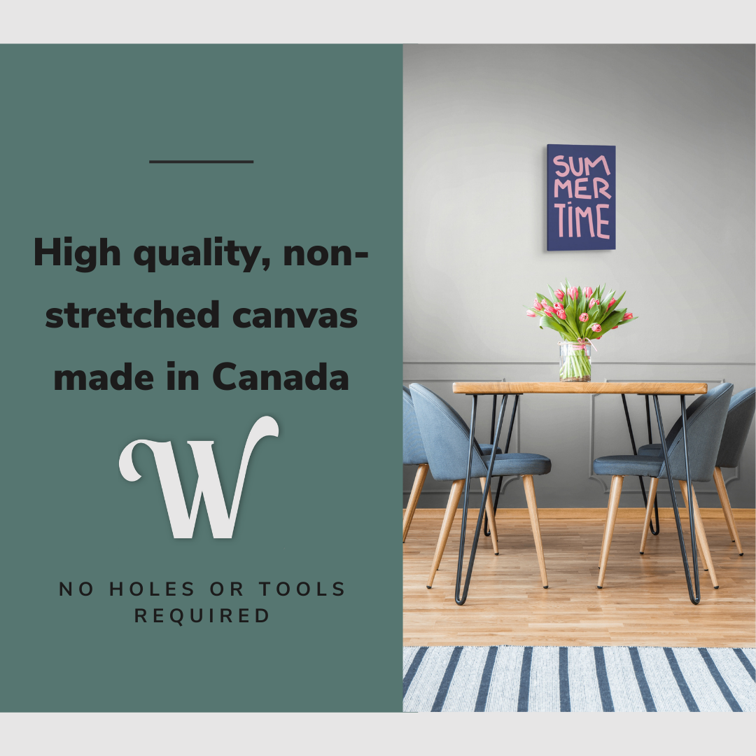 Lifestyle image of the vertical 12x18" inch easy to hang canvas wall art hung over a dining room table in a diningroom with graphic saying "High quality, non-stretched canvas made in Canada"