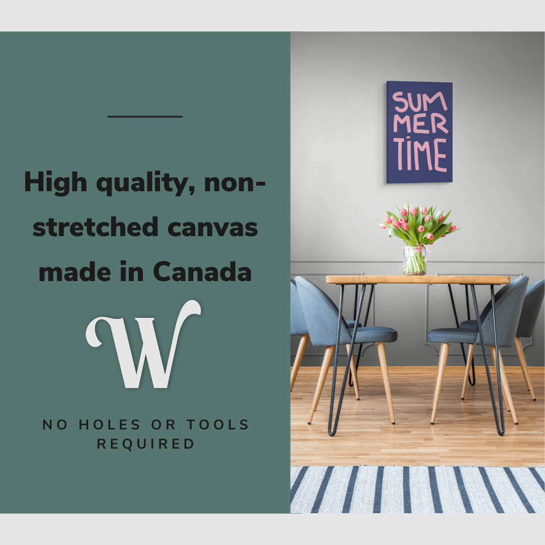 Lifestyle image of the vertical 16x24" inch easy to hang canvas wall art hung over a dining room table in a diningroom with graphic saying "High quality, non-stretched canvas made in Canada"