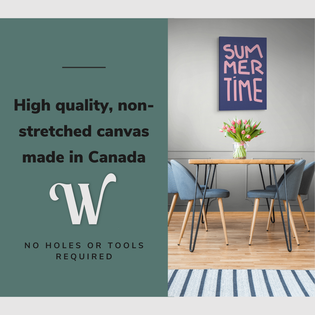 Lifestyle image of the vertical 20x30" inch easy to hang canvas wall art hung over a dining room table in a diningroom with graphic saying "High quality, non-stretched canvas made in Canada"