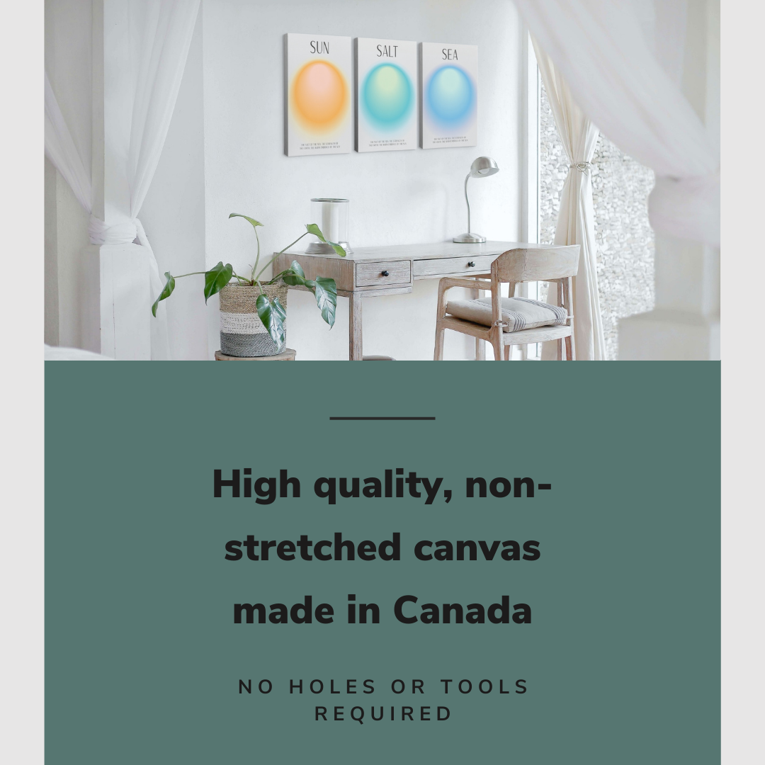 Lifestyle image of the vertical, 16x24” inch set of 3 easy to hang canvas wall art hung in a white coastal themed bedroom above a desk with graphic saying "High quality, non-stretched canvas made in Canada."