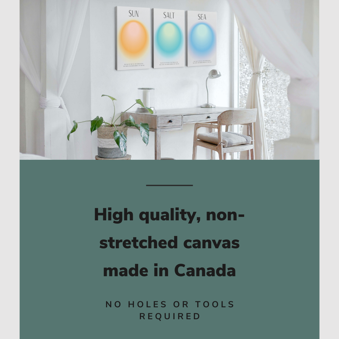 Lifestyle image of the vertical 20x30” inch set of 3 easy to hang canvas wall art hung in a white coastal themed bedroom above a desk with graphic saying "High quality, non-stretched canvas made in Canada"