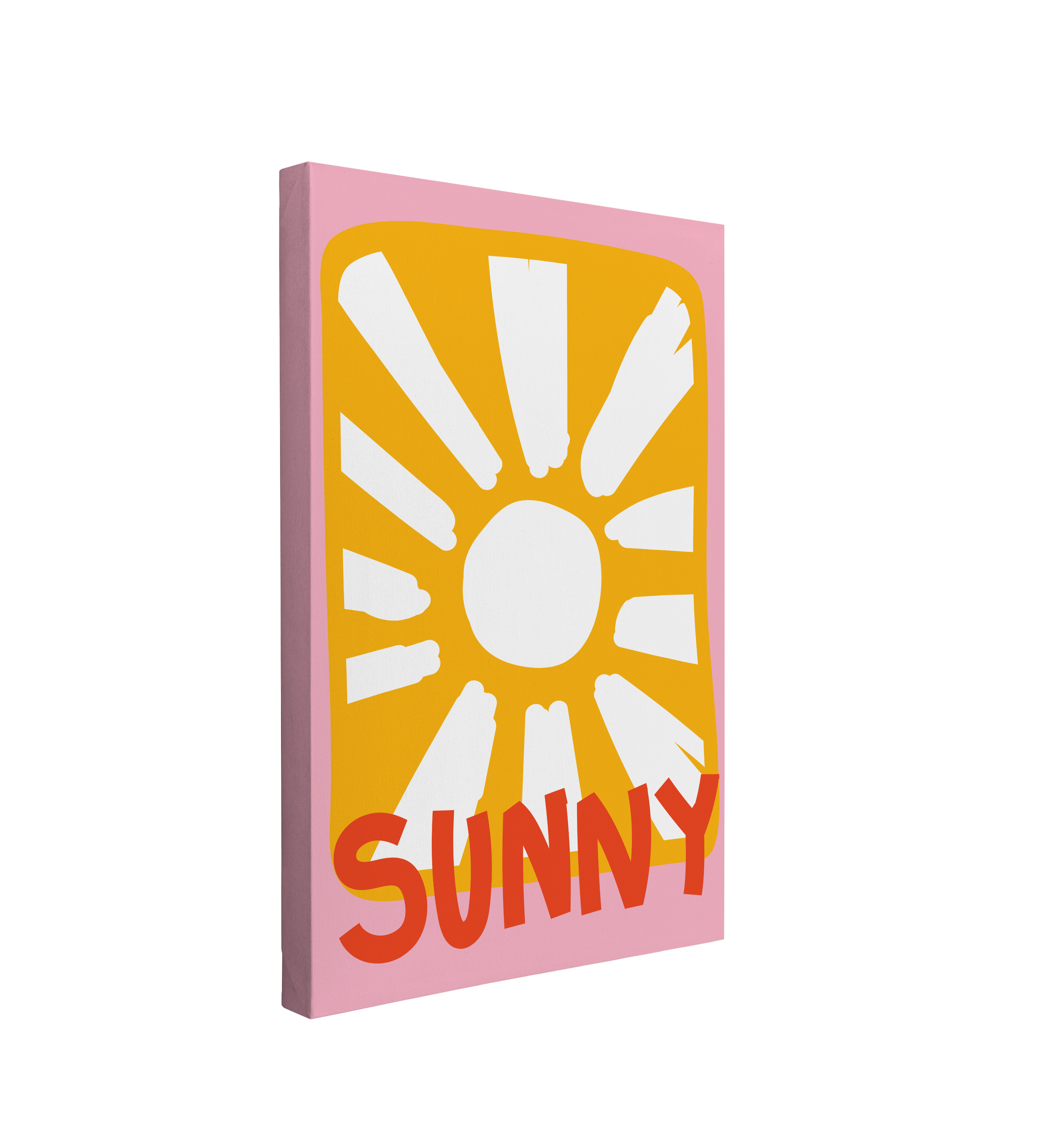 Single, 2:3 vertical easy to hang canvas prints on a transparent background featuring an image of a graphic of a white sun on a yellow rectangle, on a pink background with red font saying "Sunny"