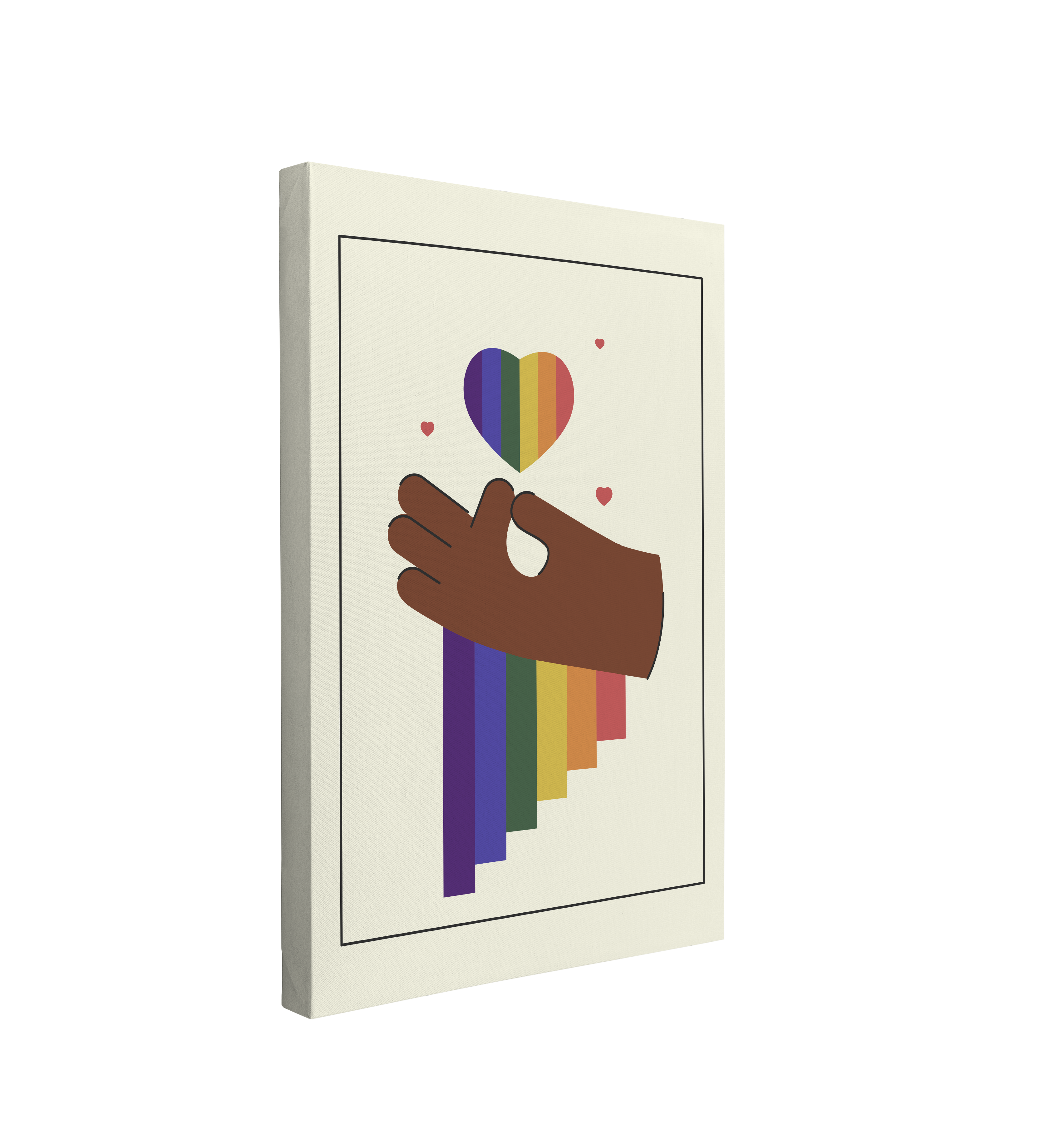 single, 2:3 vertical easy to hang canvas print on a transparent background featuring an image of a hand making the "ok" gesture with a rainbow coming down from it on a light beige background