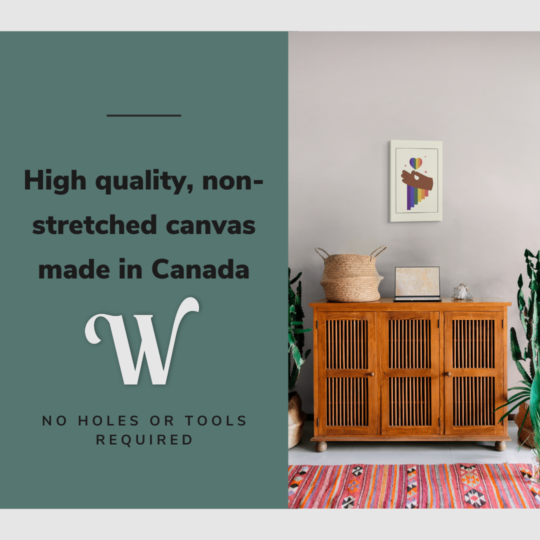 Lifestyle image of the vertical, 12x18 inch easy to hang canvas wall art hung in over a credenza in a living room with cacti in pots with graphic saying "High quality, non-stretched canvas made in Canada"