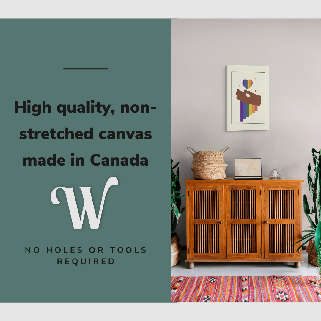 Lifestyle image of the vertical, 16x24 inch easy to hang canvas wall art hung in over a credenza in a living room with cacti in pots with graphic saying "High quality, non-stretched canvas made in Canada"