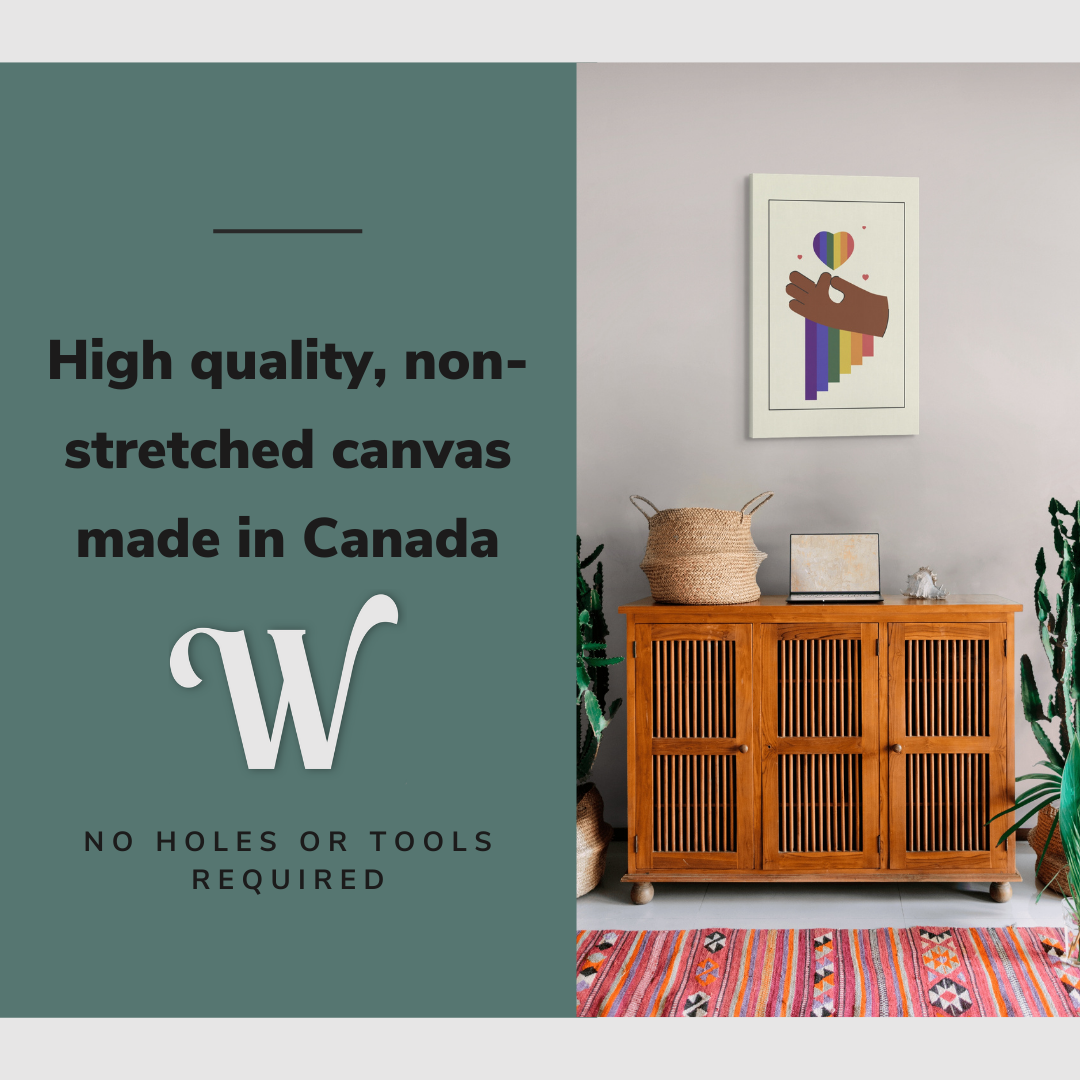 Lifestyle image of the vertical, 20x30 inch easy to hang canvas wall art hung in over a credenza in a living room with cacti in pots with graphic saying "High quality, non-stretched canvas made in Canada"