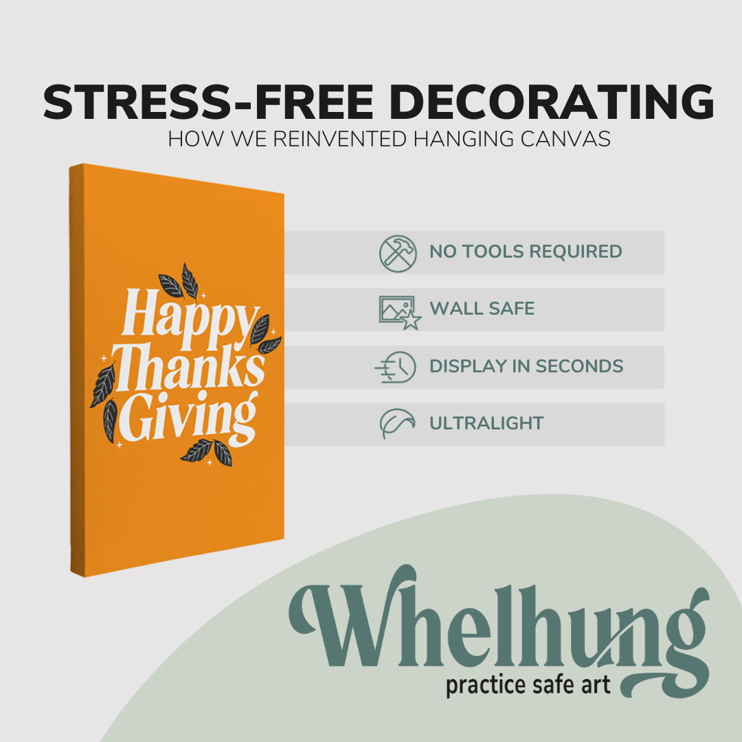Single, 2:3 vertical easy to hang canvas print on a graphic displaying the stress-free decorating Whelhung offers, how we reinvented hanging canvas: "no tools required", "wall safe", "display in seconds" and "ultralight."