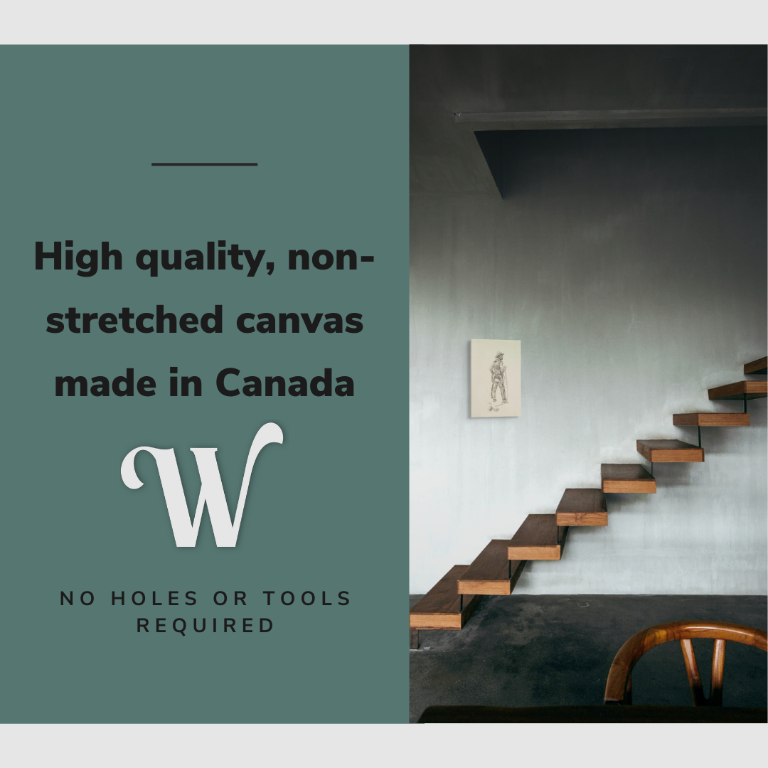 Lifestyle image of the vertical 12x18” inch easy to hang canvas wall art hung in a stairwell above stairs overlooking a dining room with graphic saying "High quality, non-stretched canvas made in Canada."