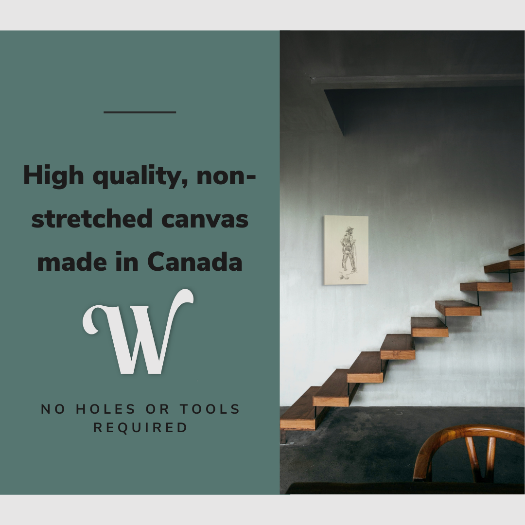 Lifestyle image of the vertical 16x24” inch easy to hang canvas wall art hung in stairway above stairs overlooking a dining room with graphic saying "High quality, non-stretched canvas made in Canada."