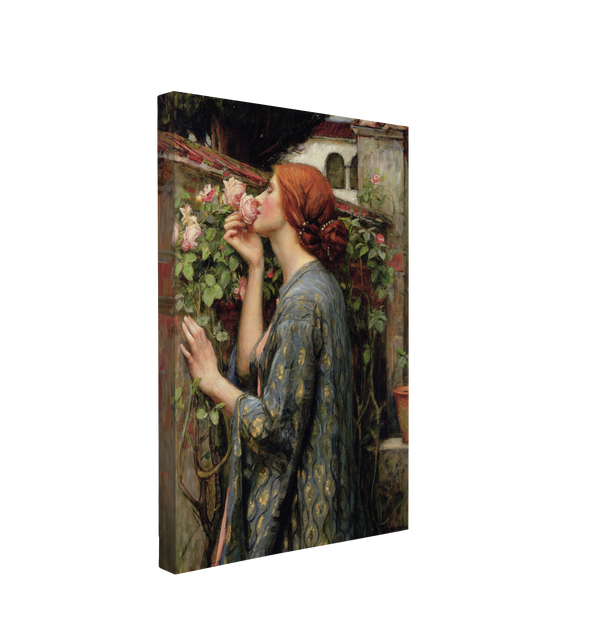 single, 2:3 vertical easy to hang canvas print on a transparent background featuring an image of a painted red haired woman wearing green smelling a rose bush on a brick wall in an italian villa background