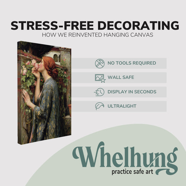 single, 2:3 vertical easy to hang canvas print on a graphic displaying the stress-free decorating Whelhung offers, how we reinvented hanging canvas: "no tools required", "wall safe"", "display in seconds" and "ultralight."