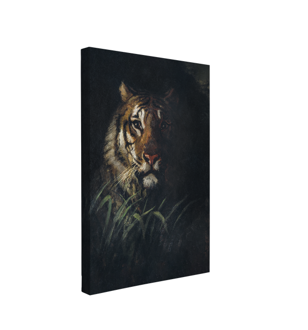 single, 2:3 vertical easy to hang canvas print on a transparent background featuring an image of a painting of a Tiger's head in a dark academia style on a black background