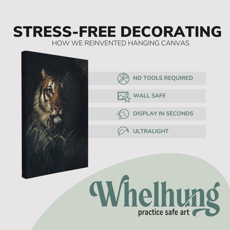 single, 2:3 vertical easy to hang canvas print on a graphic displaying the stress-free decorating Whelhung offers, how we reinvented hanging canvas: "no tools required", "wall safe"", "display in seconds" and "ultralight."