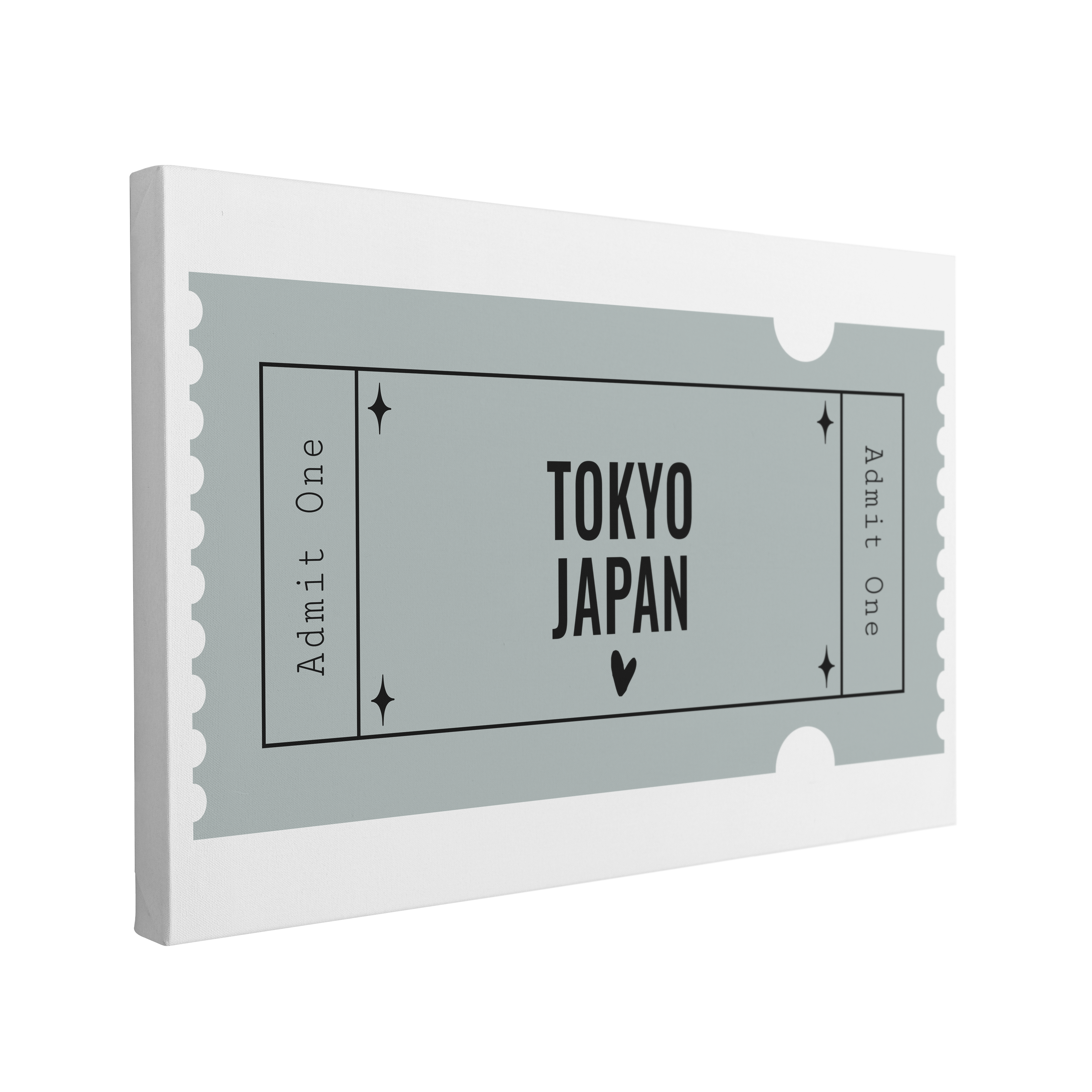 Single, 2:3 horizontal easy to hang canvas print on a transparent background featuring an image of a blue graphic Admit One ticket with words in black, "Tokyo, Japan"