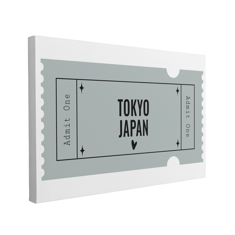 Single, 2:3 horizontal easy to hang canvas print on a transparent background featuring an image of a blue graphic Admit One ticket with words in black, "Tokyo, Japan"