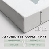 Corner shot of a Whelhung easy to hang canvas print showing the 1.25” inch gallery wrap thickness and graphic saying "Affordable, Quality Art", "Vibrant Colors", "Handcrafted", "Ultralight" and "Sturdy Design."