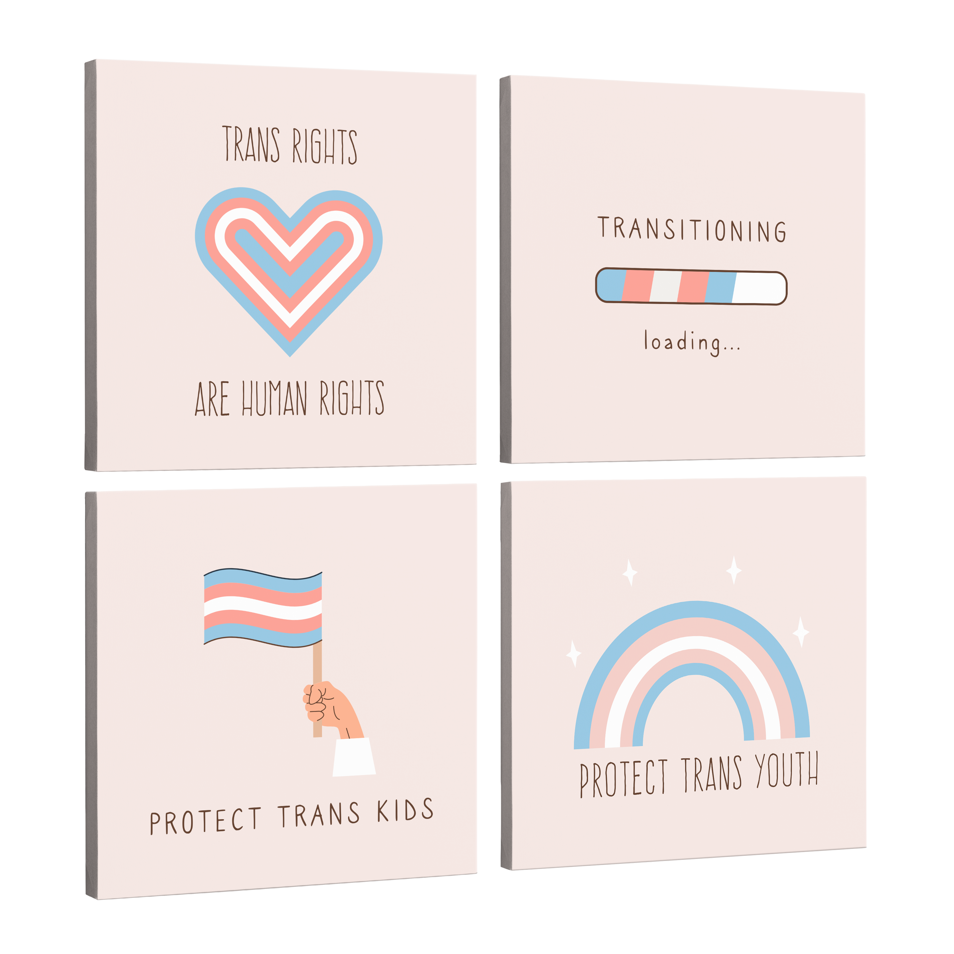 4 Panel, 1:1 square easy to hang canvas print on a transparent background featuring an image of hearts, rainbows and flags in the Trans pride flag colors with inspirational words like "Protect Trans Youth"