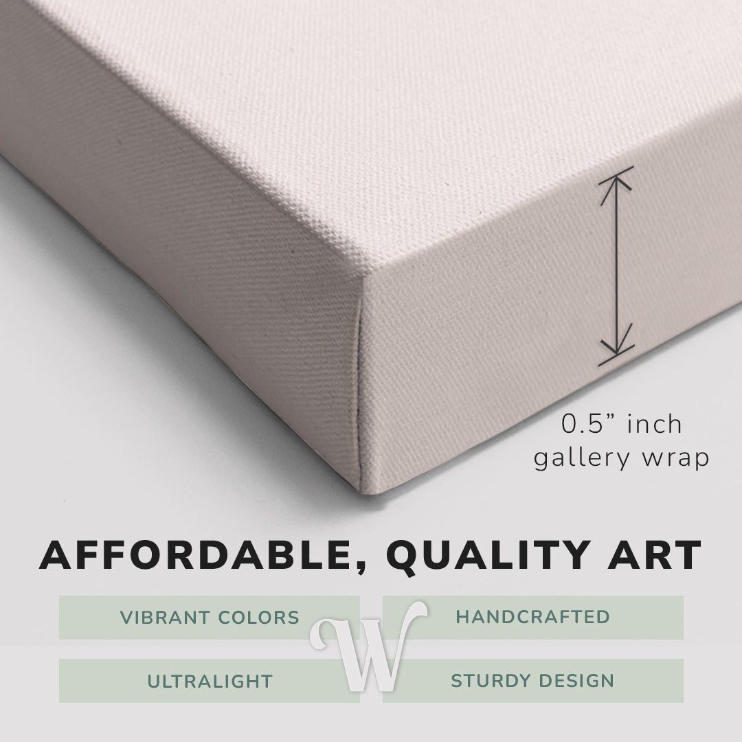 Corner shot of a Whelhung easy to hang canvas print showing the 0.5" inch gallery wrap thickness and graphic saying "Affordable, Quality Art", "Vibrant Colors", "Handcrafted", "Ultralight" and "Sturdy Design."