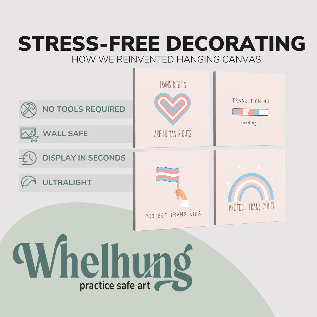 4 Panel, 1:1 square easy to hang canvas print on a graphic displaying the stress-free decorating Whelhung offers, how we reinvented hanging canvas: "no tools required", "wall safe"", "display in seconds" and "ultralight."