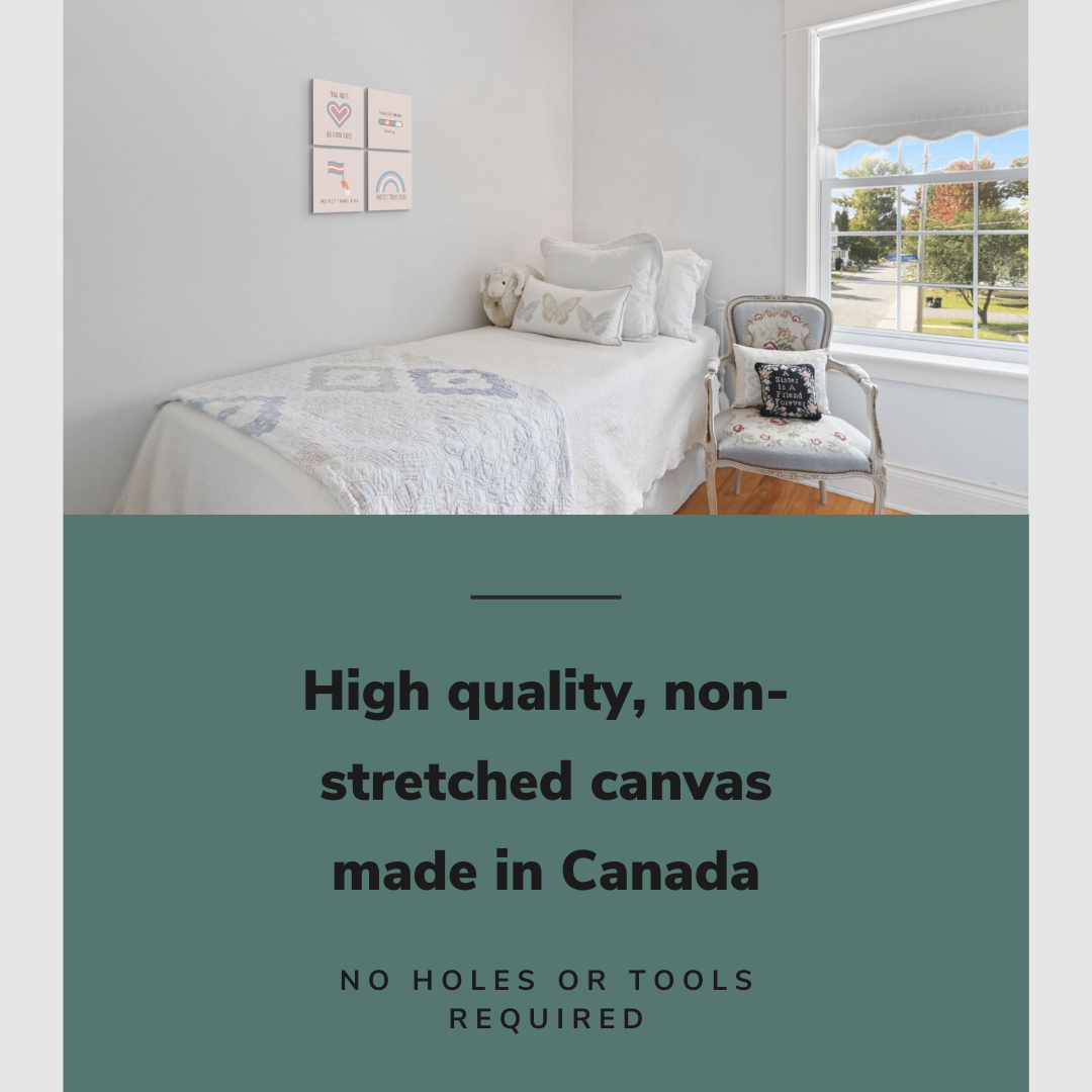 Lifestyle image of the vertical, 24x24 inch easy to hang canvas wall art hung in a teenager's bedroom hung over the bed in the corner with graphic saying "High quality, non-stretched canvas made in Canada"