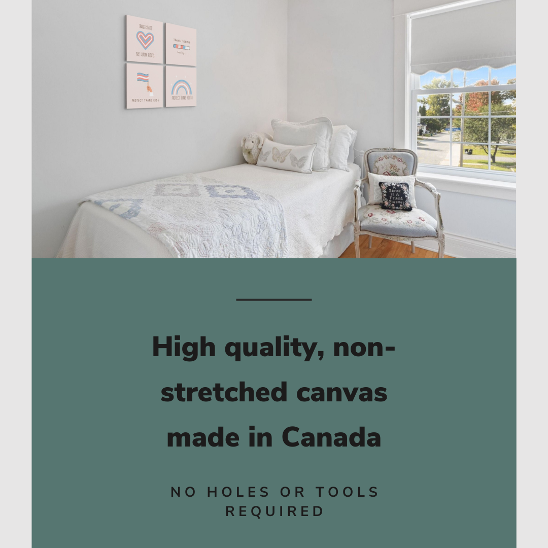 Lifestyle image of the vertical, 32x32 inch easy to hang canvas wall art hung in a teenager's bedroom hung over the bed in the corner with graphic saying "High quality, non-stretched canvas made in Canada"