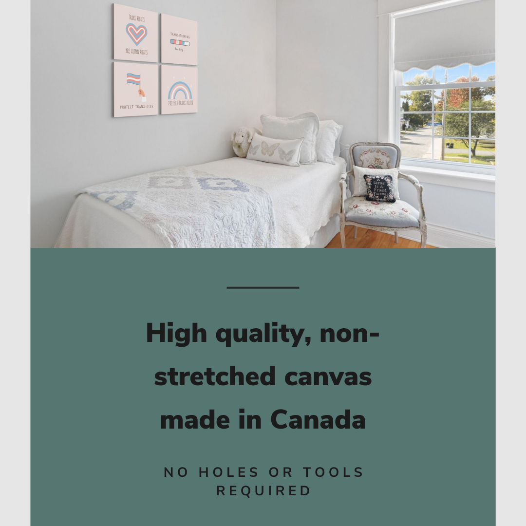 Lifestyle image of the vertical, 40x40 inch easy to hang canvas wall art hung in a teenager's bedroom hung over the bed in the corner with graphic saying "High quality, non-stretched canvas made in Canada"