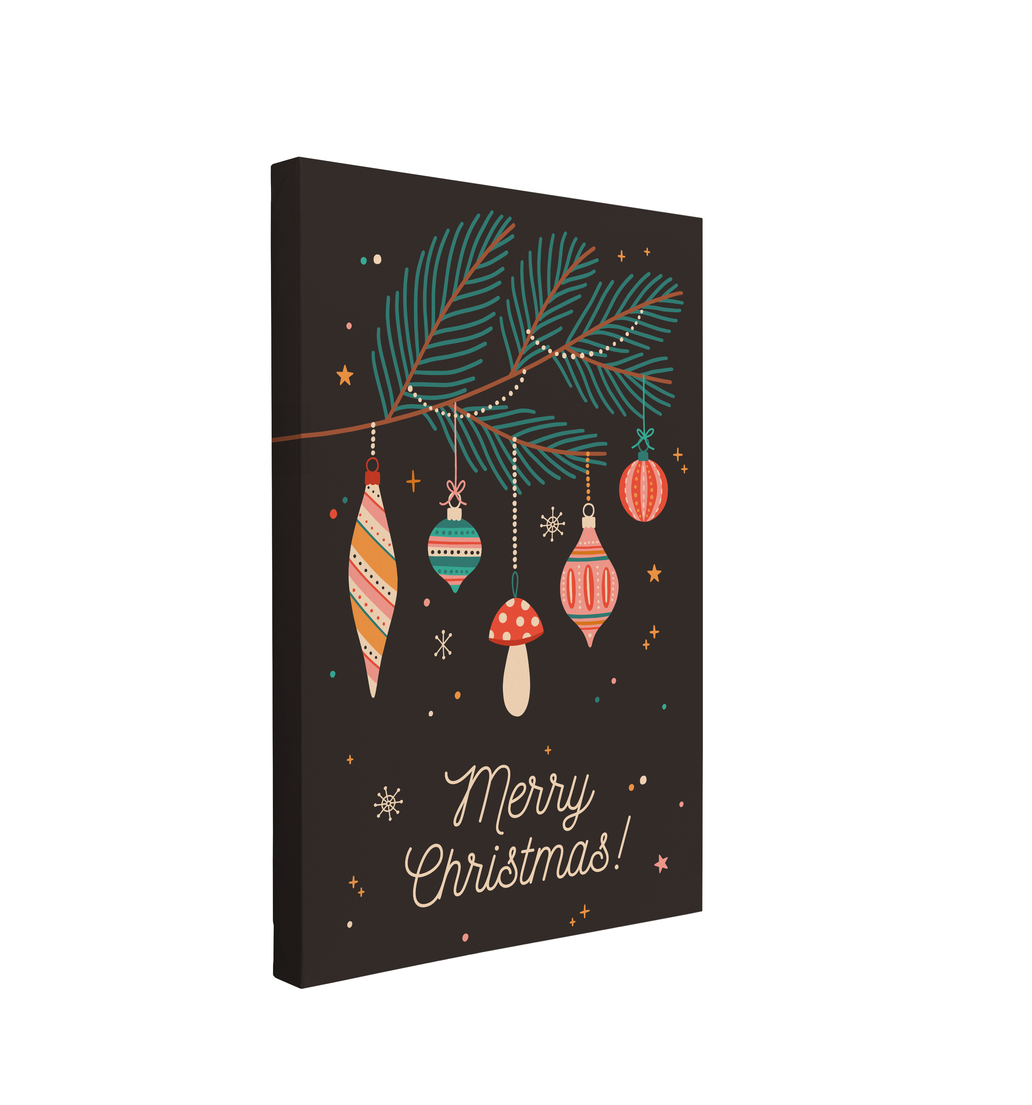 single, 2:3 vertical easy to hang canvas print on a transparent background featuring an image of a minimalist christmas tree branch with retro styled christmas ornaments hanging off of it