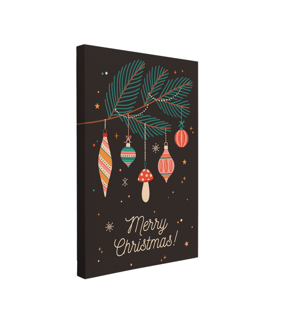 single, 2:3 vertical easy to hang canvas print on a transparent background featuring an image of a minimalist christmas tree branch with retro styled christmas ornaments hanging off of it