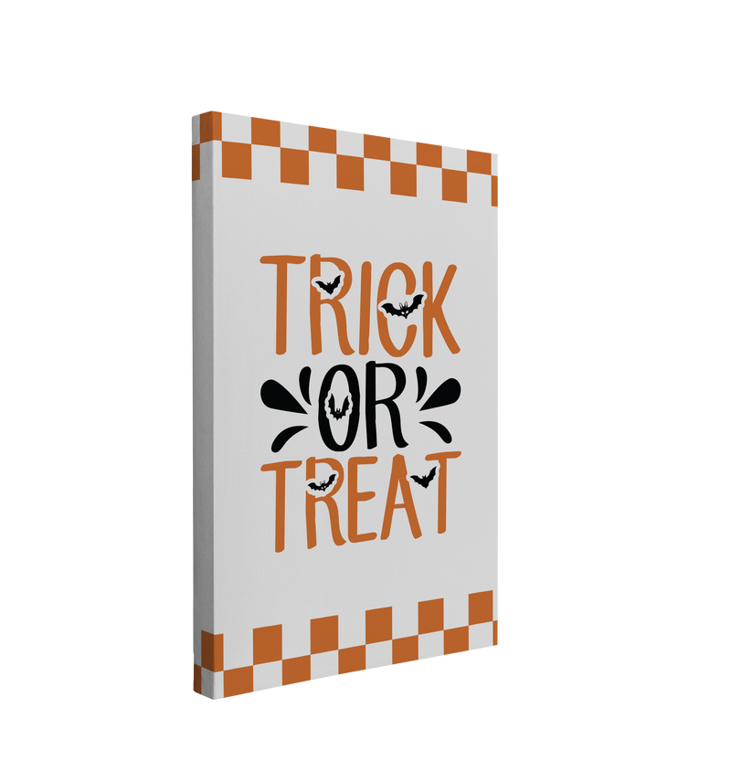 Single, 2:3 vertical easy to hang canvas print on a transparent background featuring an image of the words, "Trick or Treat" in orange and black with bats flying through the font on a white background with a retro border of orange checkers.