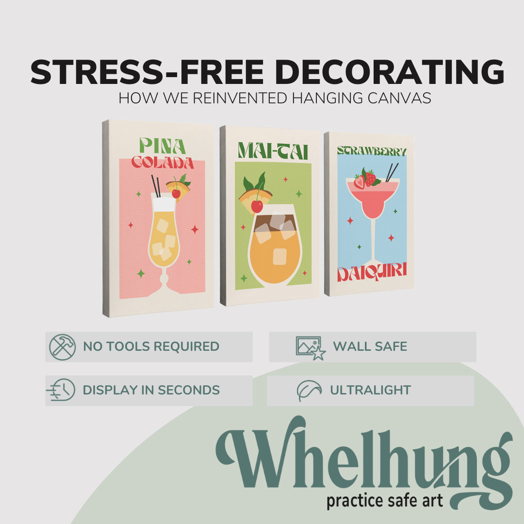 Set of 3, 2:3 vertical easy to hang canvas prints on a graphic displaying the stress-free decorating Whelhung offers, how we reinvented hanging canvas: "no tools required", "wall safe", "display in seconds" and "ultralight."