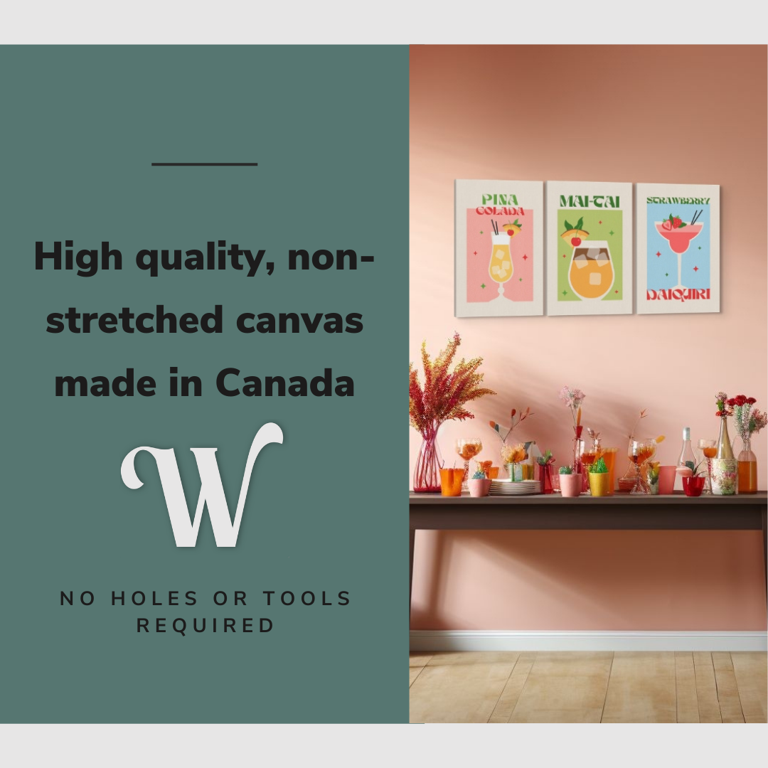 Lifestyle image of the vertical, 16x24” inch set of 3 easy to hang canvas wall art hung in a party room above the drink table with graphic saying "High quality, non-stretched canvas made in Canada."