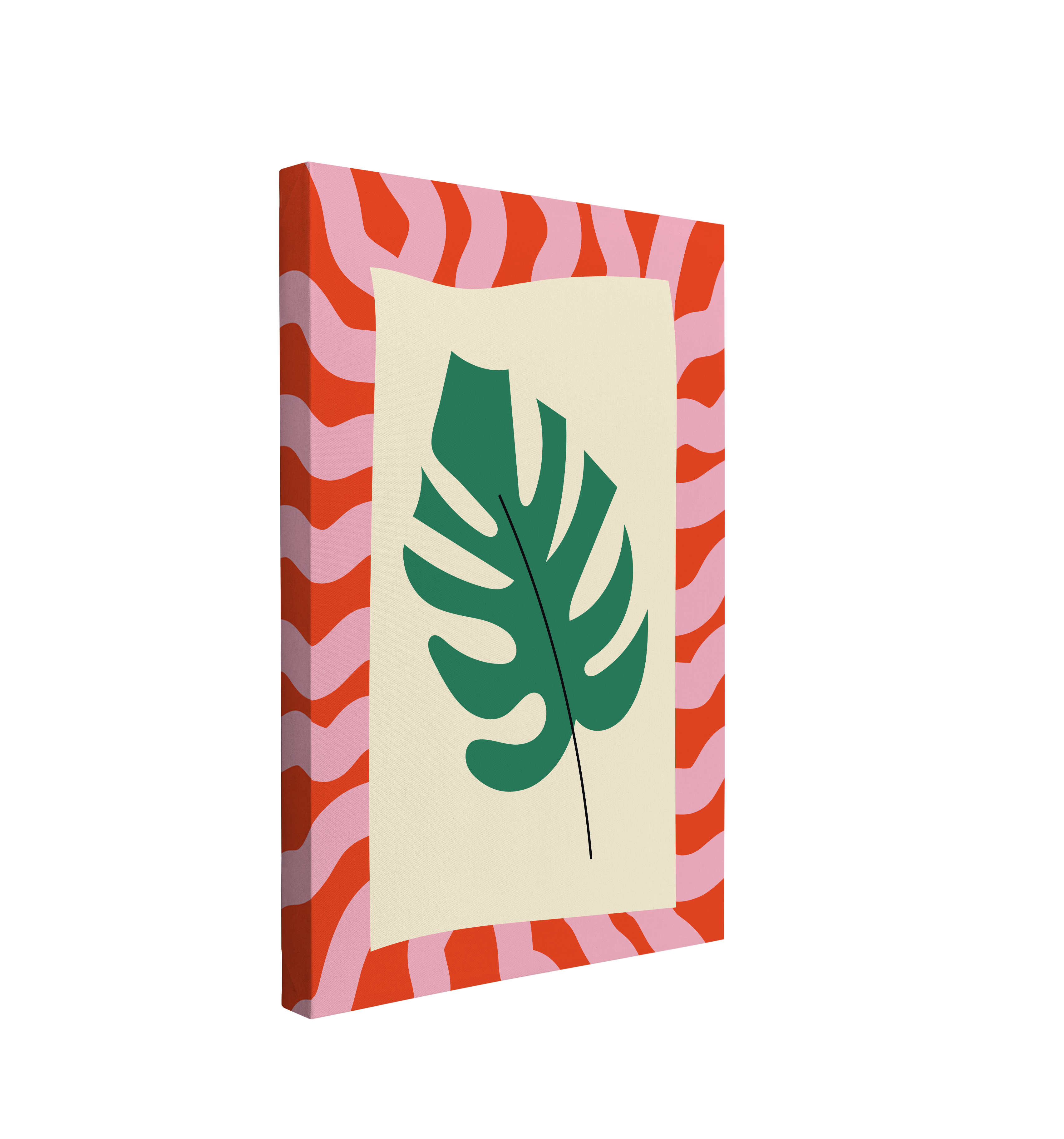 Single, 2:3 vertical easy to hang canvas prints on a transparent background featuring an image of single green Monsterra Leaf graphic on yellow rectangle, on a orange and light purple zebra stripe print background